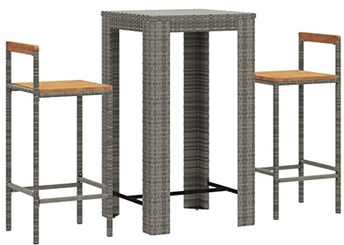 vidaXL Gartenbar Set 3-TLG., Gartenmöbel Bartisch 2 Barstühle, Stehtisch Barhocker für Garten, Sitzgruppe Gartenset, Grau Poly Rattan Massivholz Akazie