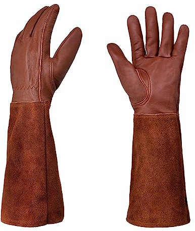 DUNSBY Gartenhandschuhe Langarm-Gartenhandschuhe aus Leder, widerstandsfähig, atmungsaktiv, Lederstulpe, Rosenschnitt-Blumenstulpe (Color : Brown, Size : S)