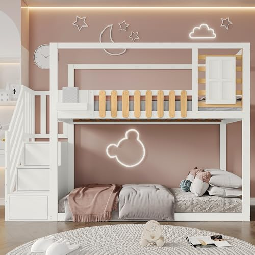 Tkopy Etagenbett Kinderbett 90x200, Hochbett mit Treppe, Fenster und 3 Schließfächer, Hausbett mit Stauraum, Holzbett mit Rausfallschutz und Lattenrost, Regalkasten, Jugendbett, ohne Matratze, Weiß