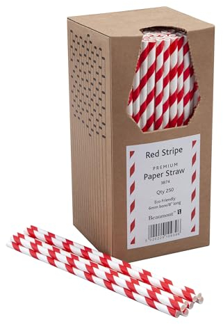 8 Inch 6mm Bore Paper Straw - RED & White Striped Pk 250