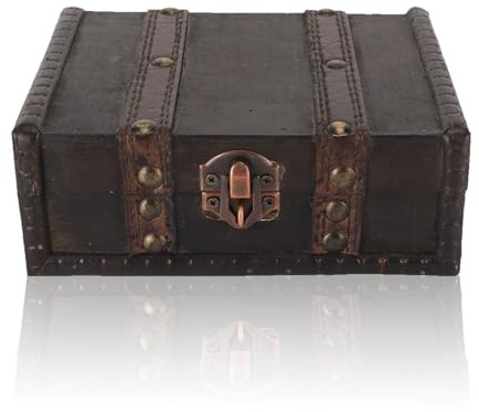 Cyrank Vintage-Schmuckkästchen, Holzkiste mit Deckel, Schatzkiste, Piratenschatztruhe, Schatztruhe Groß, Schwarze Holz-Schmuckschatulle Mit Verschlussriegel, 15,5 X 11,9 X 6,1 cm, Kleine Holzkiste