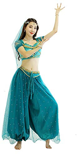 Bauchtanz-Set Erwachsene Weiblich Prinzessin Jasmin Anzug Halloween Cos Kostüm Performance See Blau Dreiteiliger Tanzanzug (Farbe: Grün, Größe: L)