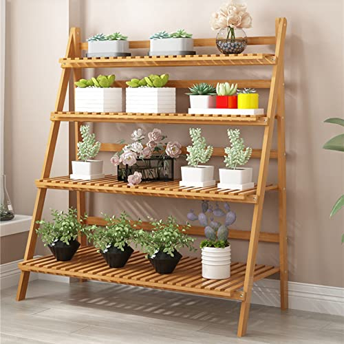 Plant Stand 4 Tier Ladder Plant Shelves, Folding Flower Pot Holder Garden Display Shelf 4 Colors Flower Pot Stands Bamboo Holder Planter Display Shelf for Home Garden Patio Balcony Étagère À Plantes