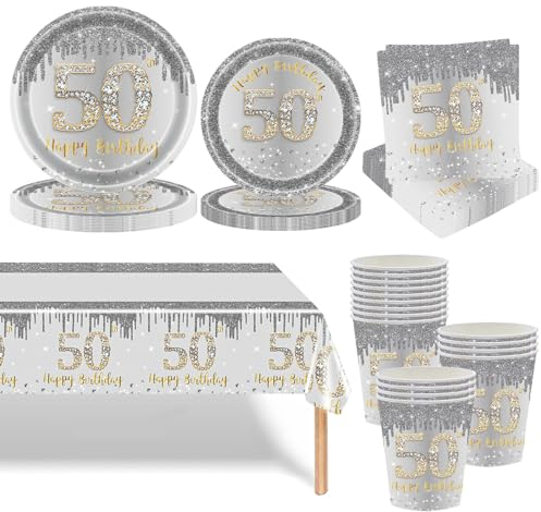 69 P Silver and Gold 50th Birthday Tableware Set Decor,Paper Cups Napkins Plates(7in+9in) and Table Cloth in Silver,Disposable Paper Dinnerware Decorations for Her Him 50th Birthday Gift Party