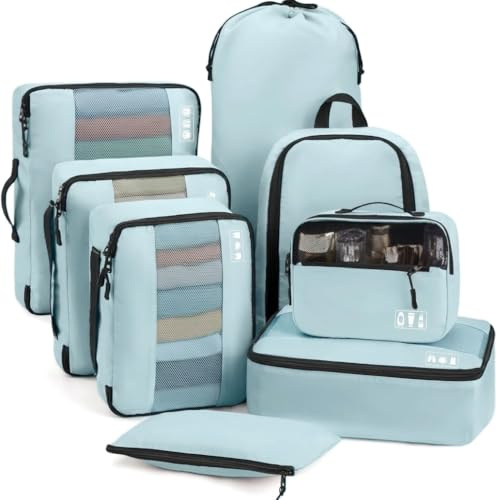MURISE Koffer Organizer 8 Stück, Packing Cubes für Urlaub und Reisen, Packwürfel Packtaschen für Koffer, mit Schuhtasche Kosmetiktasche, Ordnungssystem, Travel Essentials, Hellblau