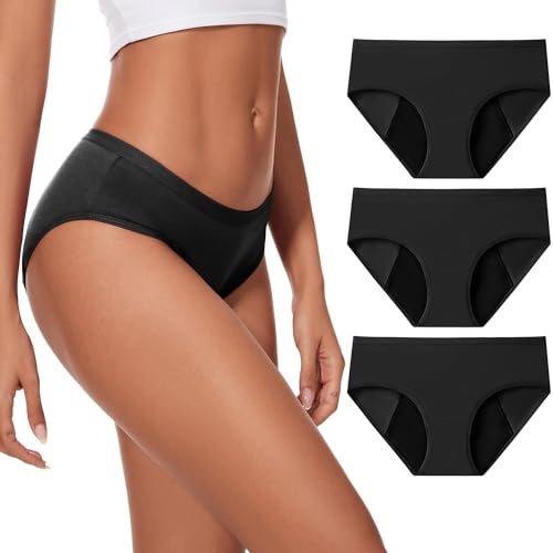 ALLBASE Heavy Flow Period Underwear for Women Overnight Protective Leakproof Menstrual Underwear Ladies High Absorbency Cotton Hipster Panties Black Medium 3 Pack