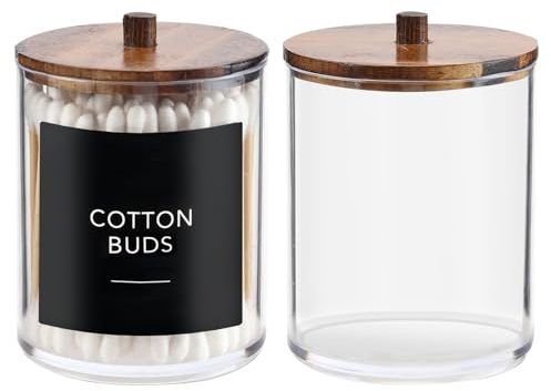 Temoyj 2 Pack Qtip Holder Dispenser with Wood Lids - 10 oz Clear Plastic Apothecary Jar Containers for Vanity Makeup Organizer Storage - Bathroom Accessories Set for Cotton Swab,Pads, Ball, Floss