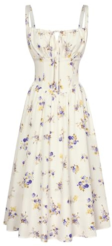SCARLET DARKNESS Women Summer Dresses Casual Floral Beach Sundress A-Line Sleeveless Spaghetti Strap Victorian Milkmaid Corset Dress Apricot-Dark Blue L