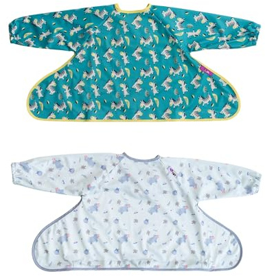 Tidy Tot®™ Cover & Catch™ Dopplepack. 2 Auffanglätzchen für Baby mit Ärmel. Lätzchen Befestigt Sich an Ihrem Hochstuhl. Ganzkörper Lätzchen für Baby Ärmellätzchen.BLW Lätzchen.Inklusive Reisetasche