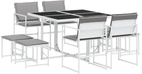 vidaXL Garten Essgruppe 9-TLG., Gartenmöbel Set mit Kissen, Gartengarnitur Tisch 4 Stühle 4 Hocker, Sitzgruppe Sitzgarnitur, Weiß Textilene