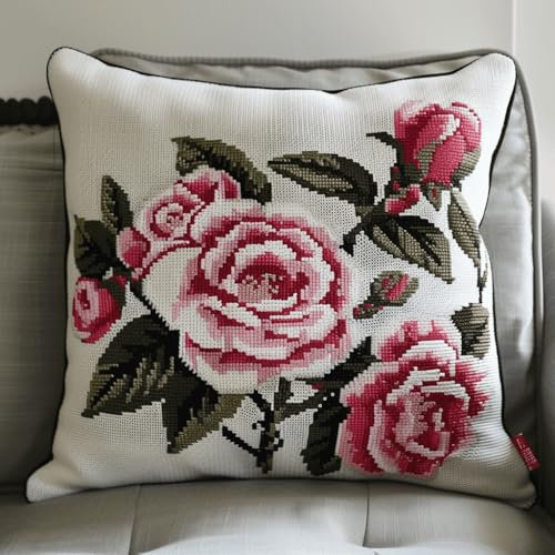 DIY knüpfen set anfänger Pinke Blumen knüpfkissen mit vordruck Rosa Kamelie DIY-Kreuzstich-Sofakissenbezug mit Knüpfwerkzeug，passend für Jugendliche und Erwachsene. Knüpfhaken-Kissenbezug 43x43cm