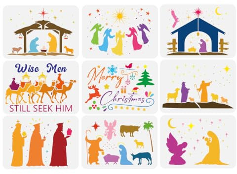 FINGERINSPIRE 9 Stück Zeichenschablone Frohe Weihnachten 29.7x21cm Wiederverwendbare Malvorlage Geburt Jesu Weihnachtsbaum Stern Hirsch Dekorationsschablone Zum Malen Auf Holz Wänden Stoffen Möbeln