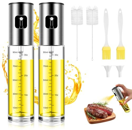 Starward 2 Stück Ölsprüher Glas 100ml, Ölspray für Heißluftfritteuse, Sprühflasche für Speiseöl, Olivenöl Sprüher mit 2 x Trichtern, 2 x Ölbürsten, 2 x Reinigungsbürsten für Kochen, Grillen, Salat