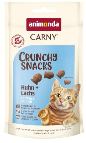 animonda Carny Crunchy Snacks, Katzen Leckerli Huhn & Lachs (10 x 50g), knuspriger Premium Katzensnack für erwachsene Katzen mit viel Fleisch, ohne Getreide und Zucker