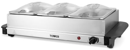 Tower T16150 Buffet Server with 3 x 1.5L Tray Capacity & Adjustable Temperature Controls, Cool Touch Handles, 200W, Stainless Steel