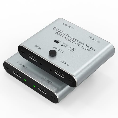 Bidirektionaler 8K USB C Switcher USB C Switch 2 in 1 Out / 1 in 2 Out - Typ C KVM Switch Splitter für 8K@60Hz/4K@120Hz Videoübertragung + 100W Aufladen + 10Gbps Daten, mit Ladekabel