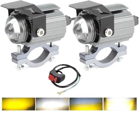 UFITIDU Phare De Moto Phares De Moto LED 32 W, Lampe Stroboscopique Hibou Jaune Blanc 3000 Lm Quatre Modes 9-85 V Phares Moto Universels Moto Motos Feux(2 Black with switch)