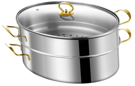 Baoblaze Fischdampfer Lebensmittel Dampfer Küchenwerkzeug tragbares Stockpot Ovales Kochgeschirr für grobe Körner Getreide Meeresfrüchte Maisbrot Gemüse, Gold-Doppelschicht