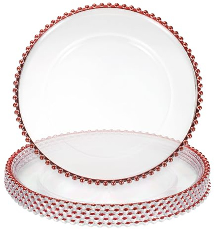 sourcing map 6pcs Clear Charger Plates Bulk 13 Red | Plastic Round Charger Plates with Bead Trim Dinner Dessert Plate for Wedding Party Event Table Setting Decoration