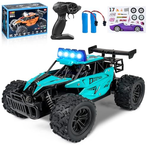 Joellfuner ferngesteuertes Auto, 2.4GHz 1:16 Offroad Monster RC Truck, 2WD 20KM/H RC Auto mit Vierfarbiges LED-Licht, RC Truggy mit Hohe und Niedrige Gänge für Kinder ab 3 Jahre (Cyan)