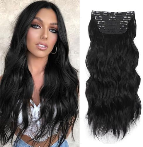 XFSRG 55cm Hair Extensions Clip In Extensions 4 Stück Echthaar Natürlich Haarverlängerung Mit Klammer Lange Gewellte Locken Pferdeschwanz Haarteil Damen Für Dating Party(Schwarz)
