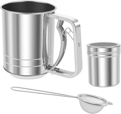 3 in 1 Flour Sifter for Baking, 3 Cup Stainless Steel Double Layer Fine Mesh Sifter, Flour Shaker Duster with Lid, Powdered Sugar Spice Sifters Spoon, Handheld Flours Sieve for Cooking Cakes Desserts