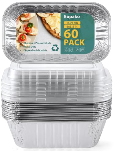 Eupako 60Pack Foil Baking Pans with Plastic Lid 16x9cm Aluminium Foil Trays | Heavy-Duty Aluminium, Leak-Proof Snap Lids, Oven & Freezer Safe, 6x3.5in Trays for Baking, BBQ, Takeaway, Catering, Meal Prep