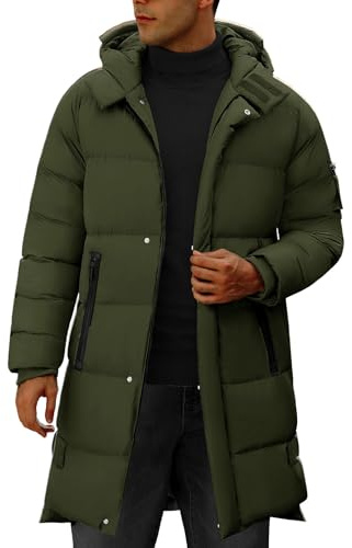 CMTOP Vinterjackor för män varma lätta långa herrrockar vindtät tjock pufferkappa med huva dragkedja parkas jacka ledig utomhus kroppsvärmare bekväma termiska ytterkläder, Armégrönt, L
