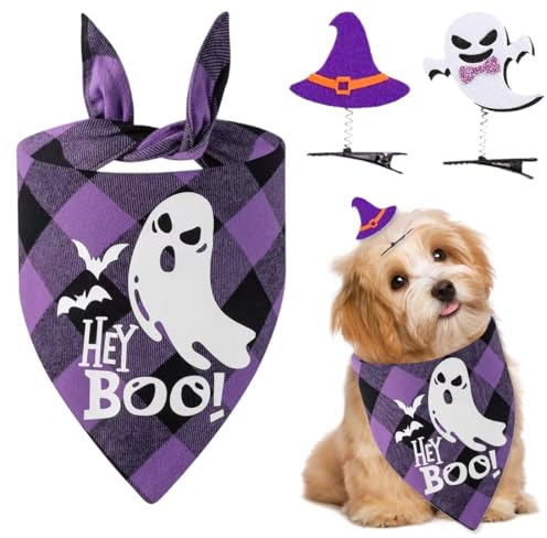 UEIOAVL Bandanas for Dogs, 1 Stück Halloween-Hundehalstuch + 2 Stück Halloween-Haarspangen Verstellbares dreieckiges Hundehalstuch Halloween-Lätzchen mit Geistermuster (lila)