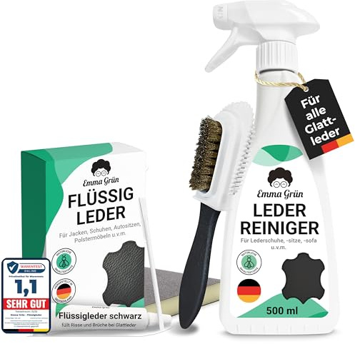 Emma Grün® Flüssigleder Reparatur Set Schwarz [507ml] - Lederreiniger & Leder Kratzer entfernen für Risse & (Brand-) Löcher - Alcantara Reiniger & Kunstleder Reparaturset Made in Germany