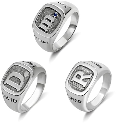 Personalised Mens Initial Signet Ring | Dainty Engraved Ring with Initial | Custom Sterling Silver Initial Pinky Ring for Men | Jewellery Gift for Him or Dad | Customised Monogram Letter Rings Gifts