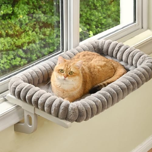 Zoratoo Cat Window Sill Perch,‌ 4-Sided Cushion Bolster Cat Window Seat with ‌Sturdy Frame,‌ ‌Easy Adjust Window Sill Mount Pet Bed for Indoor Cats (Gray, Large)