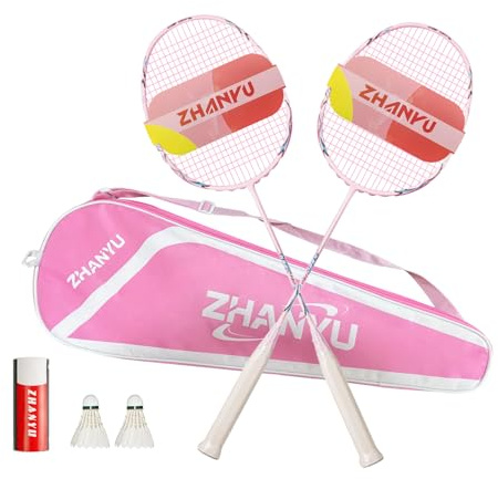 Badminton SchläGer Profi，Badminton SchläGer,Professionelle Ausbildung Unterhaltung Federball Set Mit 82 Gramm Kohlefaser,Bestehend Aus 2 Raketten,2BäLlen Und 1 Tasche(FD01) (Rosa)
