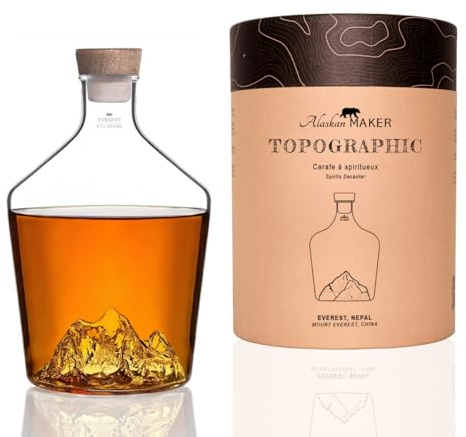 Carafe à spiritueux 1,2L – Verre borosilicate soufflé artisanalement avec montagne en relief 3D | Bouchon bois & liège, design premium | TOPOGRAPHIC (Everest)