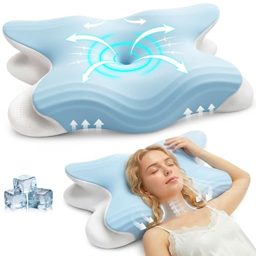 Honfay Almohada ergonómica Cervical con Memoria de Forma, cojín ortopédico, Almohada para Dormir en el Lado de la Espalda y el Vientre para Mejorar la Calidad del sueño, 62 x 42 x 10,5 cm (Azul)