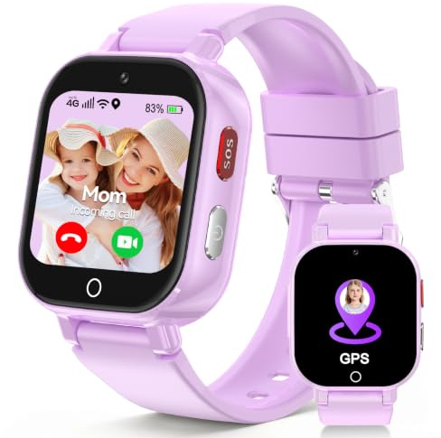 Smartwatch Kinder GPS, Kinderuhr mit Telefon SOS IP68 Wasserdicht Violett | HD Videoanruf, Voice Chat, Schulmodus, Wecker, Schlafen, SMS, Schrittzähler, Geschenke für Mädchen Jungen 4-12 Jahren