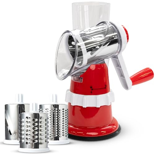 Merlin Multi-Slice Rotary Cheese Grater (Red) - 3 Interchangeable Drums, BPA-Free, Dishwasher Safe - Designed to Slice, Shred and Grate Vegetables, Cheeses and Meats - Graters for the Kitchen