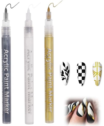 Fine Tip Nail Art Pens, Acrylic Paint Markers, Black, White, Gold, 3-Pack | Pen-Shaped Format For Controlled Freehand Linework And Decorative Details, For DIY Manicures At Home, Parties And Weddings
