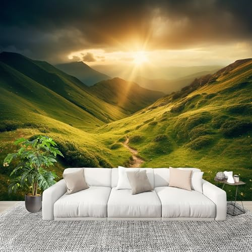 Decoración de Pared decorativos Murales 200x140cm Vista Del Atardecer En La MontañA Fotomurales Papel Pintado Tejido no Tejido Verde Papel Pintado Panorámico, Grandes Murales Póster