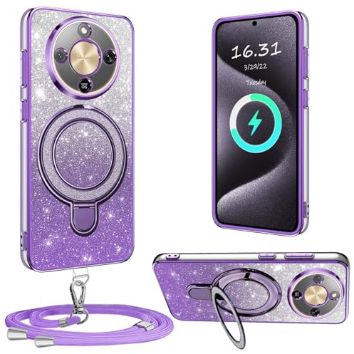XCYYOO Funda para teléfono móvil Honor Magic 8 Lite con correa, [con cadena para teléfono móvil extraíble] silicona transparente a prueba de golpes funda anillo soporte funda con cadena para Honor