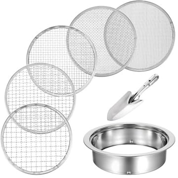 MonoSora Stainless Steel Soil Sieve Set with Spade 5 Size Mesh Sifting Pans for Garden Compost and Potting Soil 1mm/3mm/6mm/9mm/12mm Apertures