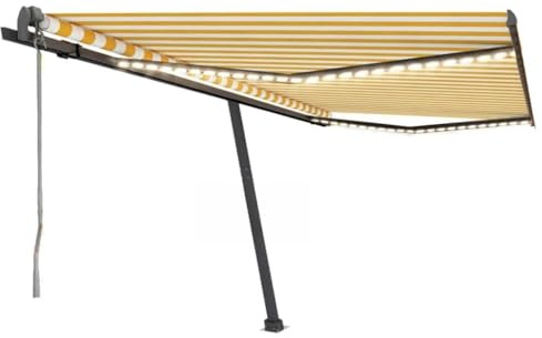 Tenda da sole a braccio snodato, con sensore di vento a LED, 450 x 300 cm, colore giallo, bianco, protezione solare per balcone, terrazza, giardino, versatile