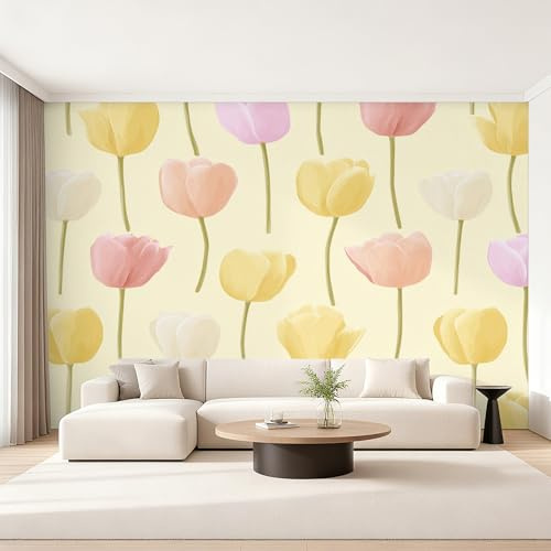 Wall Mural Yellow Pink Tulip Wallpaper - Cute Floral Botanical Photo Wallpaper for Living Room Bedroom, Non-Woven Yellow Pink Wall Paper Home Decor Art 250x175 cm w6g10