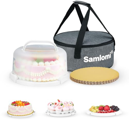 Kuchen Transportbox,10 Zoll Torten Transport Box Mit Deckeln Und Tragegriff,Kuchen Transportbox Rund Ausgestattet Mit 10 Runden Goldenen Kuchenplatten Und Tragbaren Thermotasche Mit Folienfutter（Weiß）