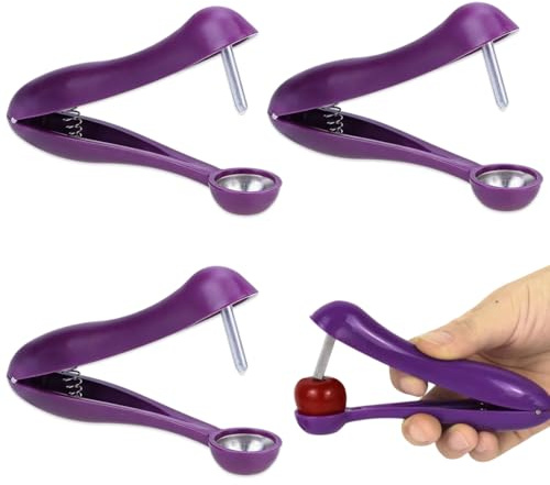 YIPFEN Pack de 3 Deshuesadores de Cerezas de Acero Inoxidable - Saca Huesos Manual por Empujón para Cerezas, Olivas y Dátiles, Descorazonador de Frutas Compacto, Morado