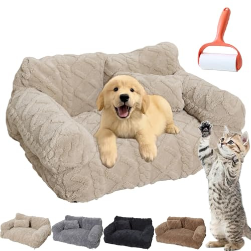 rialgirw Plüschiges, Beruhigendes Haustier-Sofa mit Abnehmbarem Bezug, Betten Hund Sofa, Orthopädisch Hundebett mit Erhöhtes, Hundecouch für Kleine Mittlere Grosse Hunde (Khaki, M: 55 * 40 * 23 cm)