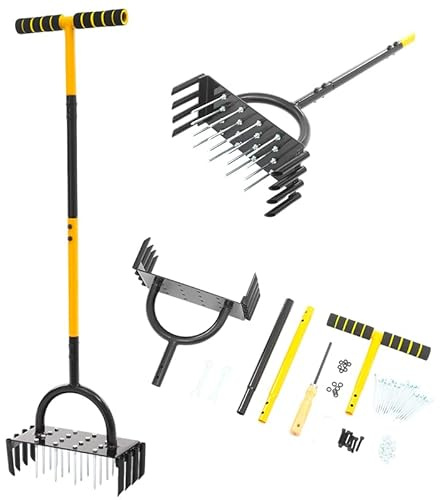 QRANSEUYXY Aireador de césped 2 en 1, aireador de césped manual con 16 picos de hierro, escarificador de mano resistente para suelos compactados, ventilación del suelo, cuidado del césped, 98 cm