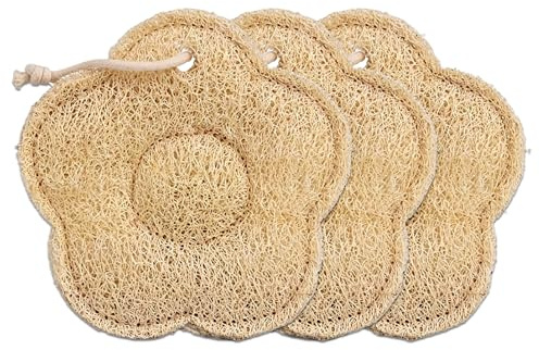 VELAJA Lot de 3 Éponges Luffa Naturelles, Éponge Exfoliante Corps en Forme de Fleur, Loofah Naturel pour Gommage Doux de la Peau, Éponge de Douche pour une Peau Plus Lisse et Soins du Corps