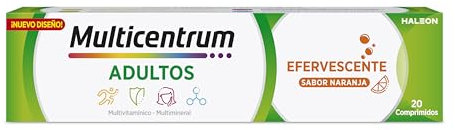 Multicentrum Complemento Alimenticio Multivitamínico y Multimineral Para Adultos, Tabletas Efervescentes, Sabor Naranja, Sin Gluten, 20 Comprimidos