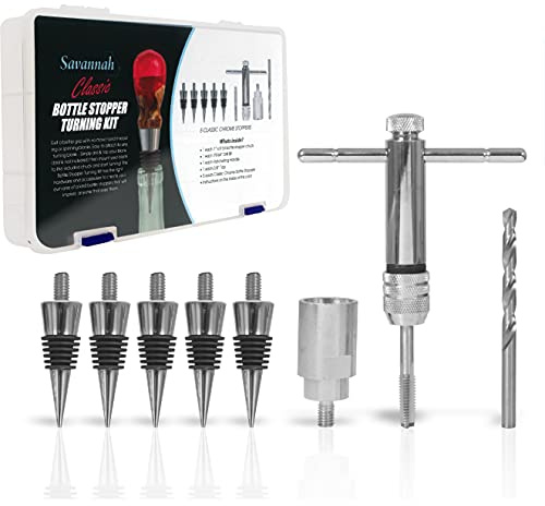 Peachtree Woodworking Supply Bottle Turning Kit with 5 Classic Chrome Stoppers 19/64 inch Drill Bit 1 inch 8 tpi Chuck and Ratcheting Handle with 3/8 inch Tap